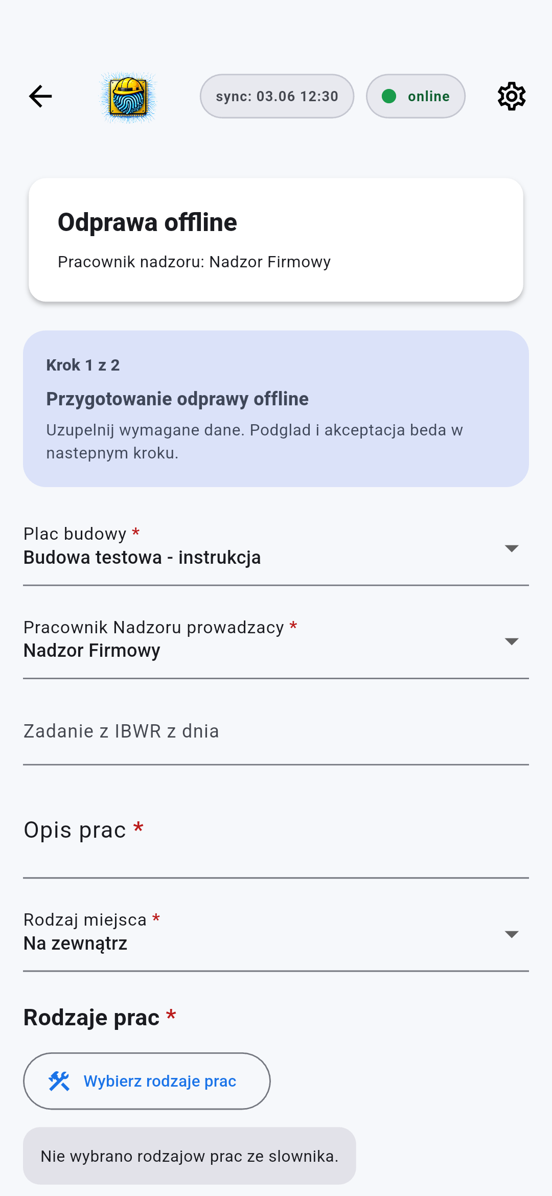 Formularz nowej odprawy w aplikacji mobilnej